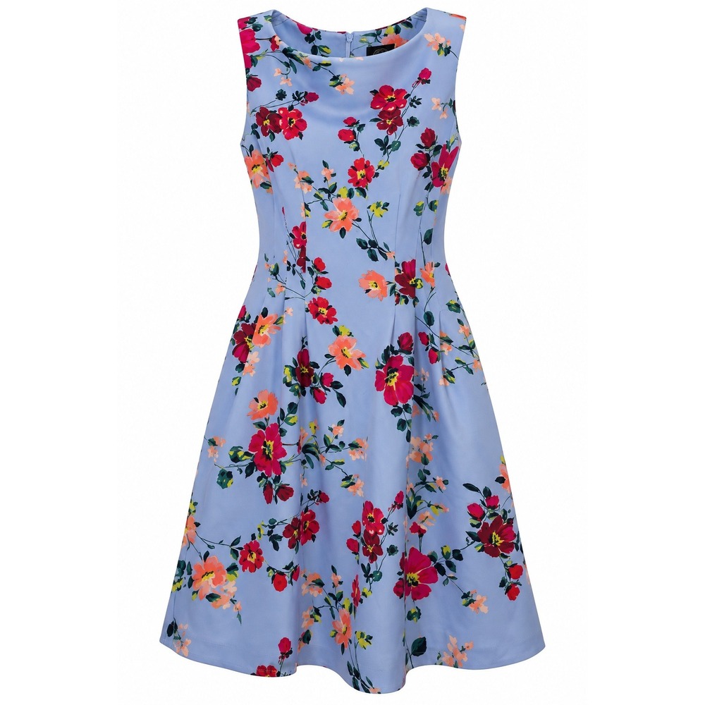 Vince Camuto Floral Scuba Dress Womens 4 Blue Red Fit Flare Knee Sleeveless